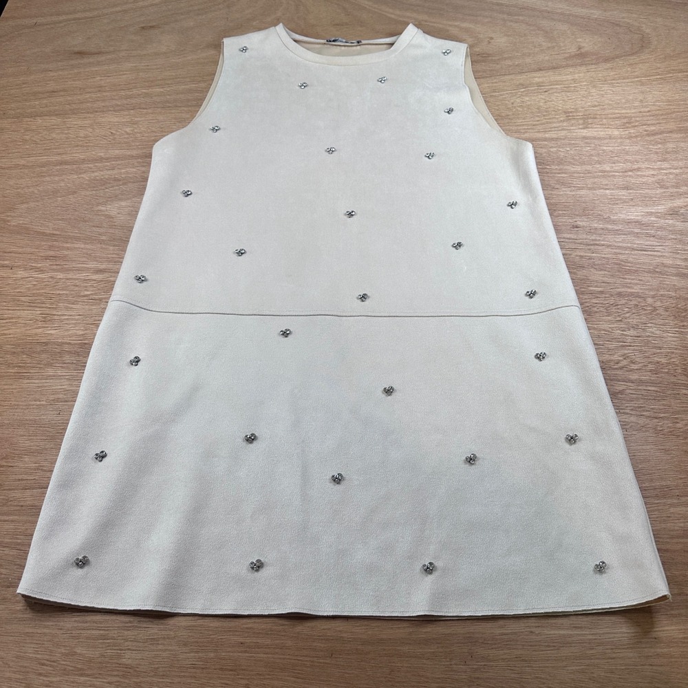 Zara Womens Sleeveless Shift Dress Large Beige Rhinestone Embellished Mini